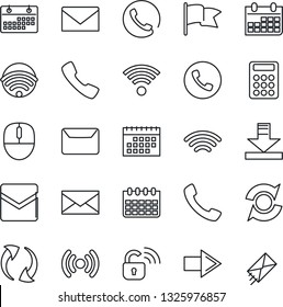 Thin Line Icon Set - phone vector, right arrow, mail, mouse, calendar, call, update, download, wireless, calculator, lock, flag