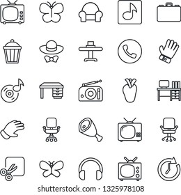 Thin Line Icon Set - phone vector, office chair, case, desk, glove, butterfly, garden light, real heart, radio, tv, headphones, cut, music, cushioned furniture, restaurant table, dress code, ham