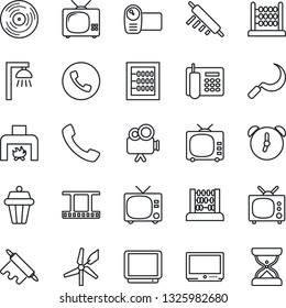 Thin Line Icon Set - phone vector, tv, abacus, sickle, film frame, vinyl, video camera, call, alarm, office, fireplace, rolling pin, outdoor lamp, windmill, sand clock