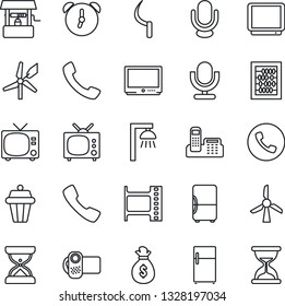 Thin Line Icon Set - phone vector, tv, abacus, well, sickle, film frame, video camera, microphone, call, alarm, office, outdoor lamp, fridge, windmill, money bag, sand clock
