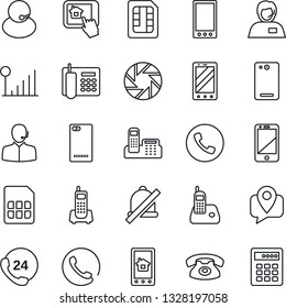 Thin Line Icon Set - phone vector, mobile, office, 24 hours, support, tracking, cell, radio, back, camera, sim, mute, cellular signal, home control app, combination lock