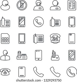 Thin Line Icon Set - phone vector, no mobile, office, 24 hours, support, cell, radio, back, call, sim