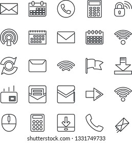 Thin Line Icon Set - phone vector, right arrow, mail, mouse, calendar, call, download, wireless, update, calculator, lock, flag