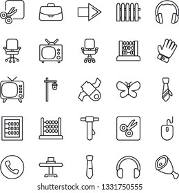Thin Line Icon Set - phone vector, right arrow, office chair, case, abacus, mouse, tie, fence, glove, butterfly, garden light, satellite, tv, headphones, cut, restaurant table, ham