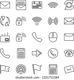 Thin Line Icon Set - phone vector, right arrow, mail, mouse, call, update, wireless, calendar, calculator, lock, flag