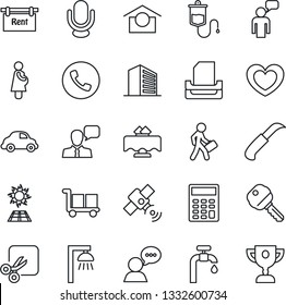 Thin Line Icon Set - phone vector, speaking man, office building, garden knife, heart, dropper, pregnancy, car delivery, cargo, warehouse storage, satellite, microphone, speaker, cut, calculator