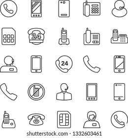 Thin Line Icon Set - phone vector, no mobile, office, 24 hours, support, cell, radio, back, call, sim