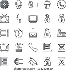 Thin Line Icon Set - phone vector, money bag, well, sickle, film frame, vinyl, tv, video camera, microphone, call, alarm, abacus, office, fireplace, rolling pin, outdoor lamp, sand clock