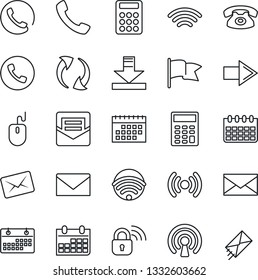 Thin Line Icon Set - phone vector, right arrow, mail, mouse, calendar, call, update, download, wireless, calculator, lock, flag