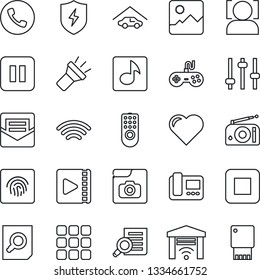 Thin Line Icon Set - phone vector, document search, heart, radio, gamepad, pause button, stop, menu, gallery, protect, tuning, mail, wireless, torch, face id, fingerprint, music, video, photo, gate