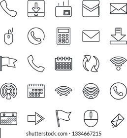 Thin Line Icon Set - phone vector, right arrow, mail, mouse, calendar, call, update, download, wireless, calculator, flag