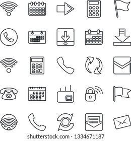 Thin Line Icon Set - phone vector, right arrow, calendar, call, update, mail, download, wireless, calculator, lock, flag