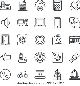 Thin Line Icon Set - phone vector, left arrow, mobile, notebook pc, bike, satellite, term, camera, speaker, laptop, radio, settings, torch, eye id, application, office building, calculator, target