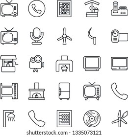 Thin Line Icon Set - phone vector, tv, abacus, well, sickle, film frame, vinyl, video camera, microphone, call, office, fireplace, outdoor lamp, fridge, windmill