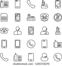 Thin Line Icon Set - phone vector, no mobile, office, 24 hours, support, cell, radio, back, call, sim
