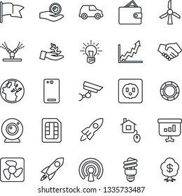 Thin Line Icon Set - phone back vector, sim, home control, socket, fan, irrigation, wireless, web camera, energy saving bulb, windmill, surveillance, palm sproute, rocket, handshake, wallet, earth