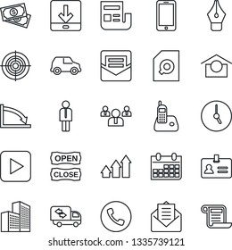 Thin Line Icon Set - phone vector, identity, manager, mobile, team, calendar, cash, warehouse storage, radio, mail, play button, clock, download, office building, news, document search, ink pen, car