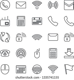 Thin Line Icon Set - phone vector, mail, mouse, call, update, download, wireless, calendar, calculator, lock, flag