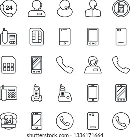 Thin Line Icon Set - phone vector, no mobile, office, 24 hours, support, cell, radio, back, call, sim