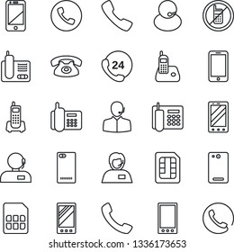 Thin Line Icon Set - phone vector, no mobile, office, 24 hours, support, cell, radio, back, call, sim