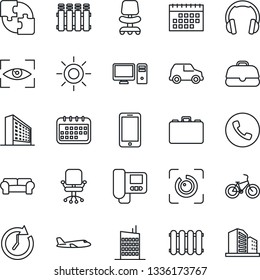 Thin Line Icon Set - phone vector, plane, mobile, office building, chair, case, sun, bike, headphones, eye id, application, calendar, cushioned furniture, city house, intercome, pc, radiator, scan