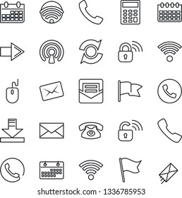 Thin Line Icon Set - phone vector, right arrow, mail, mouse, calendar, call, download, wireless, update, calculator, lock, flag