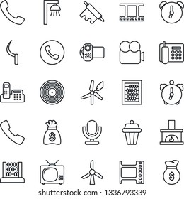 Thin Line Icon Set - phone vector, abacus, money bag, sickle, film frame, vinyl, video camera, microphone, call, alarm, office, fireplace, tv, rolling pin, outdoor lamp, windmill