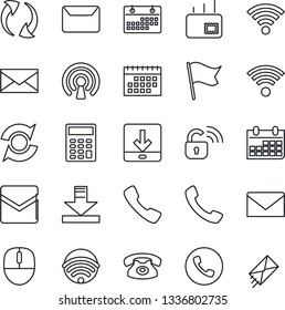 Thin Line Icon Set - phone vector, mail, mouse, calendar, call, update, download, wireless, calculator, lock, flag