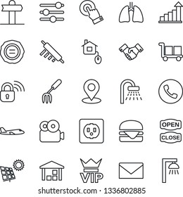 Thin Line Icon Set - phone vector, vip, shower, plane, handshake, mail, growth statistic, stamp, garden fork, lungs, signpost, cargo, warehouse, touch screen, tuning, place tag, video, sun panel