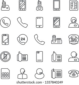 Thin Line Icon Set - phone vector, no mobile, office, 24 hours, support, cell, radio, back, call, sim