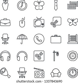 Thin Line Icon Set - phone vector, office chair, case, mouse, stamp, butterfly, garden light, real heart, cargo container, umbrella, radio, headphones, cut, abacus, tie, cushioned furniture, tv, ham