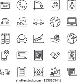 Thin Line Icon Set - phone vector, book, pedestal, document search, abacus, crisis graph, factory, earth, mobile tracking, receipt, clipboard, oil barrel, laptop pc, handshake, estate, rent, growth