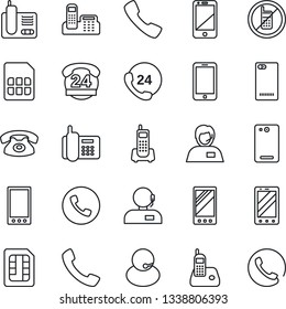 Thin Line Icon Set - phone vector, no mobile, office, 24 hours, support, cell, radio, back, call, sim