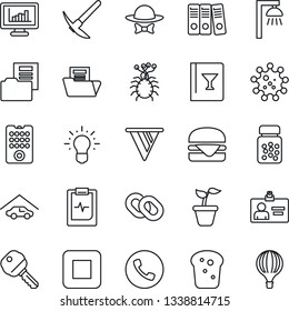 Thin Line Icon Set - phone vector, identity card, seedling, pills bottle, pulse clipboard, virus, chain, stop button, monitor statistics, document folder, paper binder, garage, key, wine, bread
