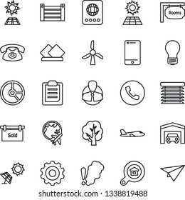 Thin Line Icon Set - phone vector, passport, plane, globe, gear, bulb, circle chart, tree, client, container, cell, clipboard, sun panel, garage, rooms, sold signboard, estate search, serviette