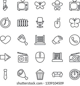 Thin Line Icon Set - phone vector, tv, right arrow, office chair, abacus, mouse, fence, glove, butterfly, garden light, radio, heart, tie, cushioned furniture, dress code, ham, clock