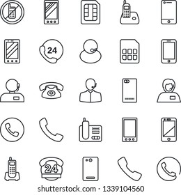 Thin Line Icon Set - phone vector, no mobile, office, 24 hours, support, cell, radio, back, call, sim