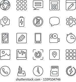 Thin Line Icon Set - phone vector, no mobile, tracking, radio, menu, message, gallery, settings, calculator, clock, stopwatch, scanner, sd, network, notes, place tag, eye id, video, charge