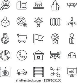 Thin Line Icon Set - Phone Vector, Greenhouse, Picnic Table, Molecule, Package, Rack, Photo Gallery, Sertificate, Pie Graph, Client Search, Smart Home, Waiter, Cafe Building, Air Conditioner, Money