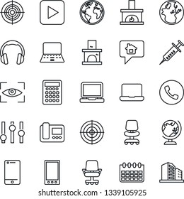 Thin Line Icon Set - phone vector, globe, office chair, notebook pc, calendar, fireplace, syringe, earth, settings, cell, headphones, laptop, play button, mobile, target, intercome, eye scan