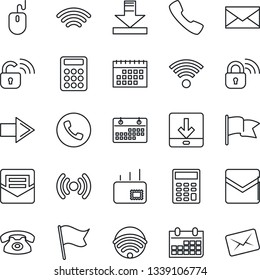 Thin Line Icon Set - phone vector, right arrow, mail, mouse, calendar, call, download, wireless, calculator, lock, flag