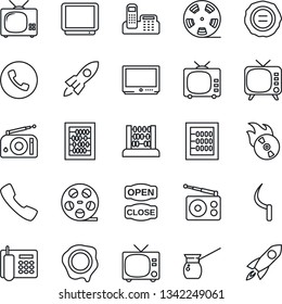Thin Line Icon Set - phone vector, tv, abacus, stamp, sickle, reel, flame disk, radio, call, office, open close, turkish coffee, rocket