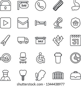 Thin Line Icon Set - phone vector, bed, office chair, circle chart, saw, tomography, disabled, stomach, implant, route, car delivery, microphone, play button, mail, calendar, lock, fence, sale, cook