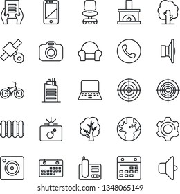 Thin Line Icon Set - phone vector, bomb in case, office chair, notebook pc, document, tree, bike, earth, satellite, camera, speaker, cell, radio, mobile, settings, calendar, target, fireplace, sound