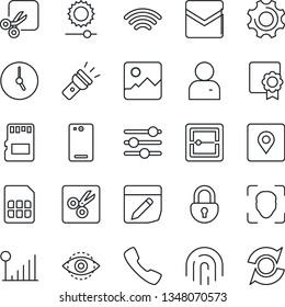 Thin Line Icon Set - phone back vector, call, gallery, settings, tuning, user, clock, mail, scanner, sd, sim, notes, wireless, torch, brightness, cut, place tag, lock, face id, eye, fingerprint