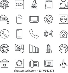Thin Line Icon Set - phone vector, gear, notebook pc, microscope, earth, office, sorting, tv, back, call, record, sd, network, battery, smart home, control, socket, wireless, app, windmill