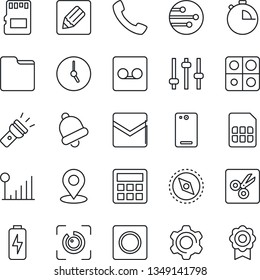 Thin Line Icon Set - phone back vector, call, settings, tuning, calculator, clock, stopwatch, bell, mail, record, sd, sim, network, folder, notes, torch, cut, place tag, compass, eye id, charge