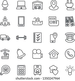 Thin Line Icon Set - phone vector, office binder, notebook pc, well, barbell, pin, mobile tracking, car delivery, video camera, speaker, bell, news, calculator, checklist, hierarchy, pool, garage