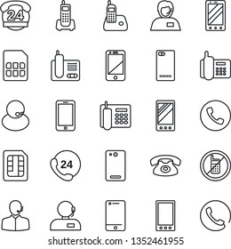 Thin Line Icon Set - phone vector, no mobile, office, 24 hours, support, cell, radio, back, sim