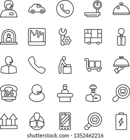 Thin Line Icon Set - phone vector, baby room, reception, mobile, doctor, 24 hours, support, client, car delivery, consolidated cargo, up side sign, heavy scales, search, call, scanner, root setup